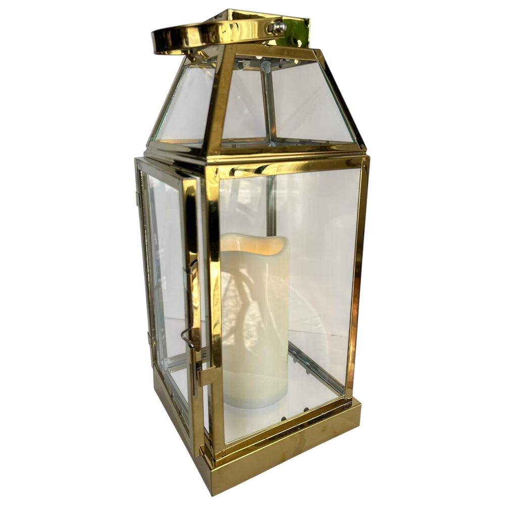 Gold Glass Lantern LED Candle Holder Battery Operated 14” Decorative Lantern